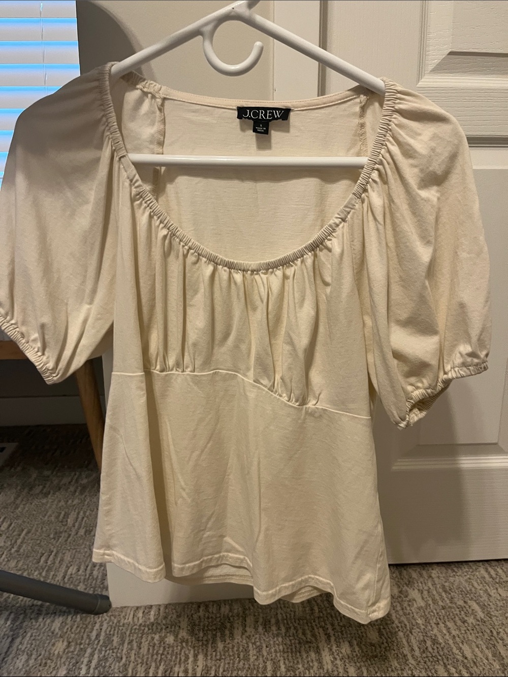 J. Crew Cream Gathered Scoop-Neck Puff Sleeve Top